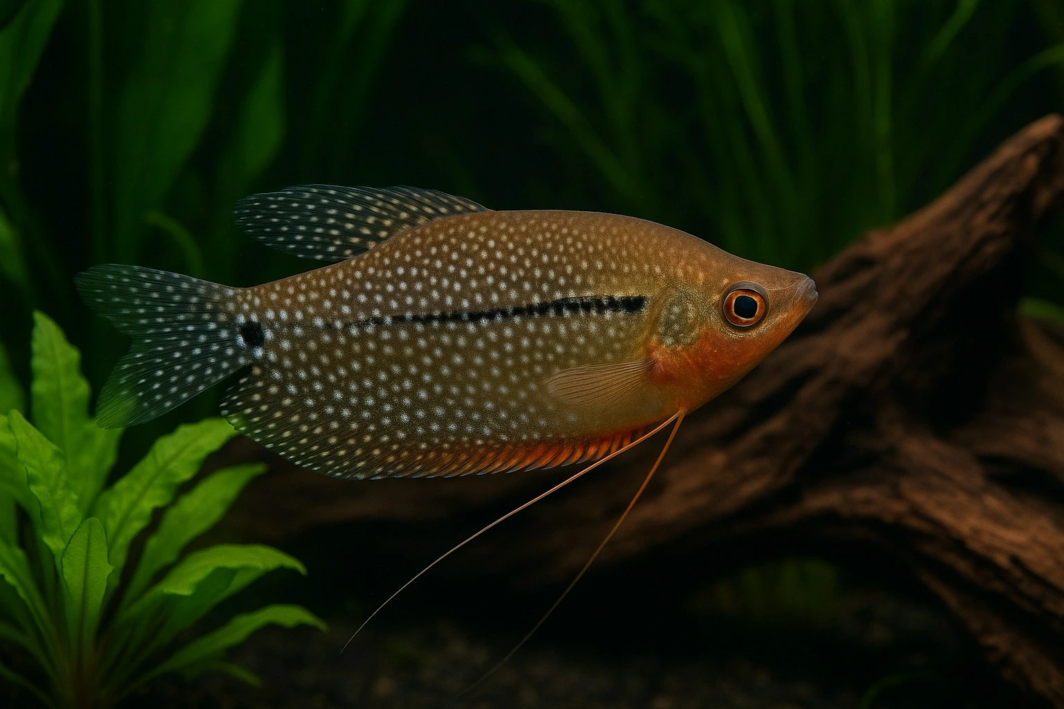 Pearl Gourami swimming in the middle of an aquarium