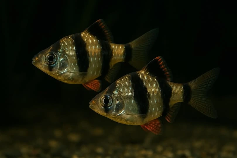 Two Tiger Barbs swimming in the middle of an aquarium
